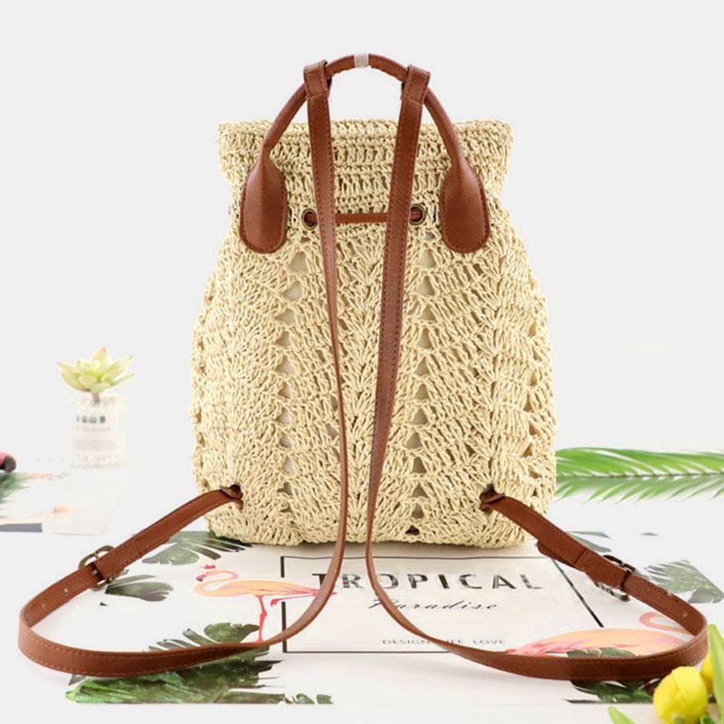 Dame Mori Series String Straw Veske Dual-use Woven Veske Retro Beach Veske Ryggsekk