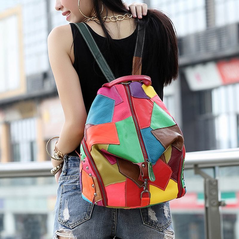 Kvinner Fritids Patchwork Ekte Skinn Skuldervesker Med Stor Kapasitet Crossbody-vesker