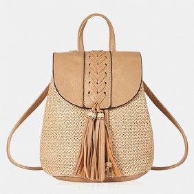 Kvinner Tassel Straw Veske Retro Beach Veske Ryggsekk Bucket Veske