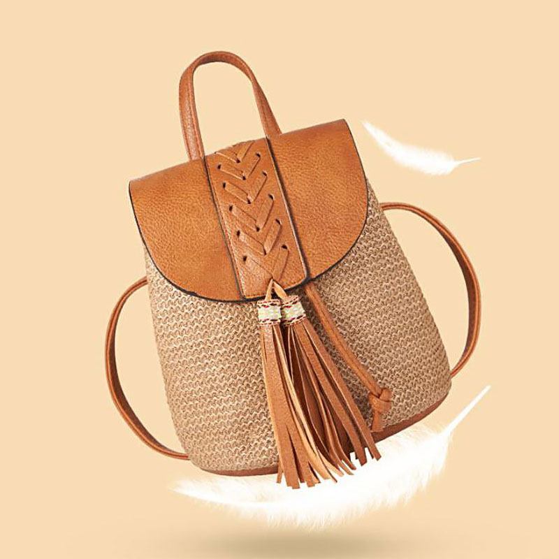 Kvinner Tassel Straw Veske Retro Beach Veske Ryggsekk Bucket Veske