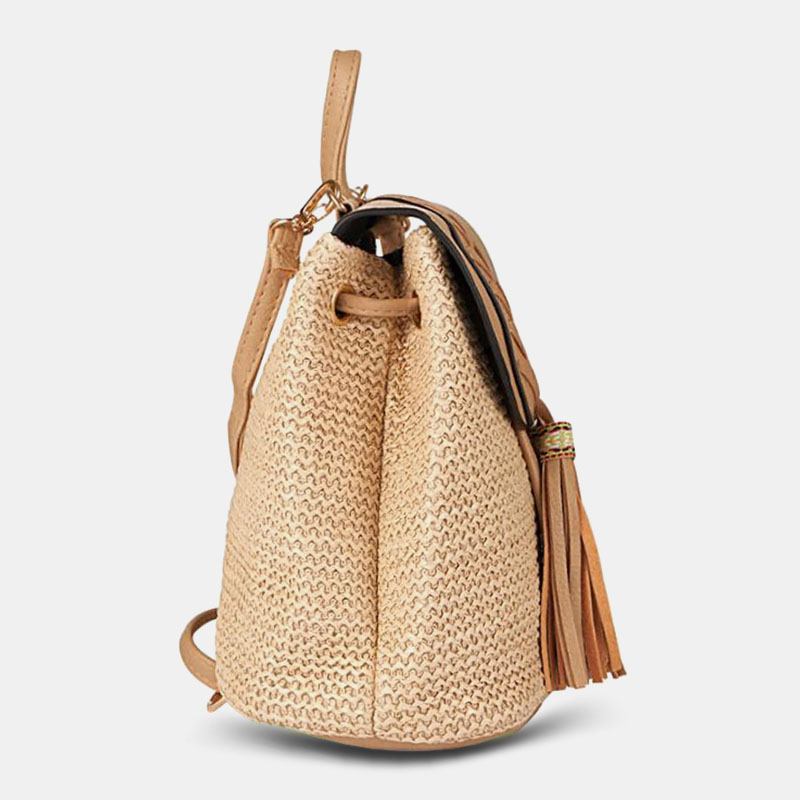 Kvinner Tassel Straw Veske Retro Beach Veske Ryggsekk Bucket Veske