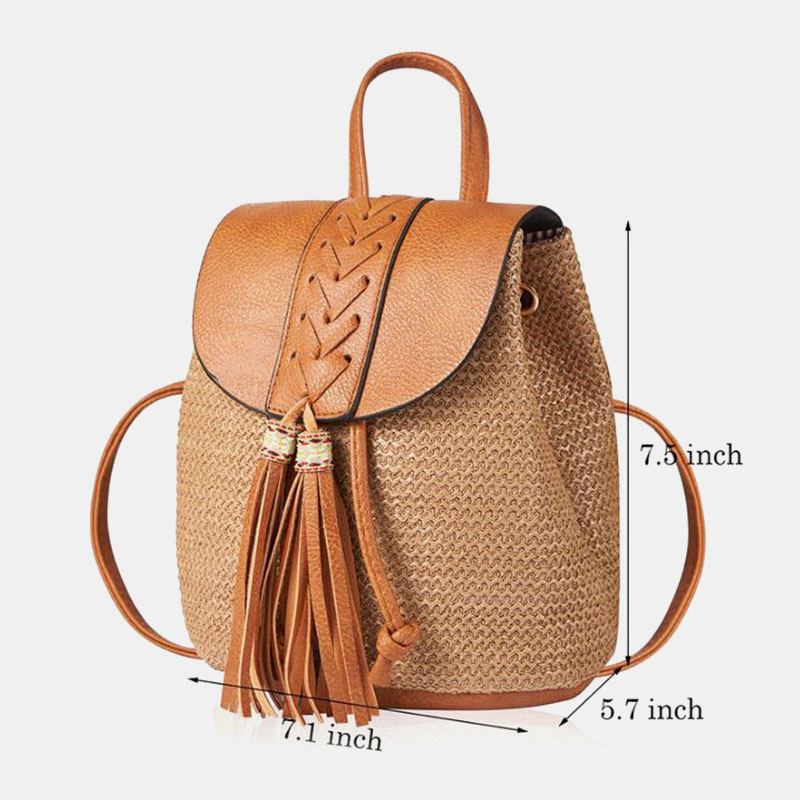 Kvinner Tassel Straw Veske Retro Beach Veske Ryggsekk Bucket Veske