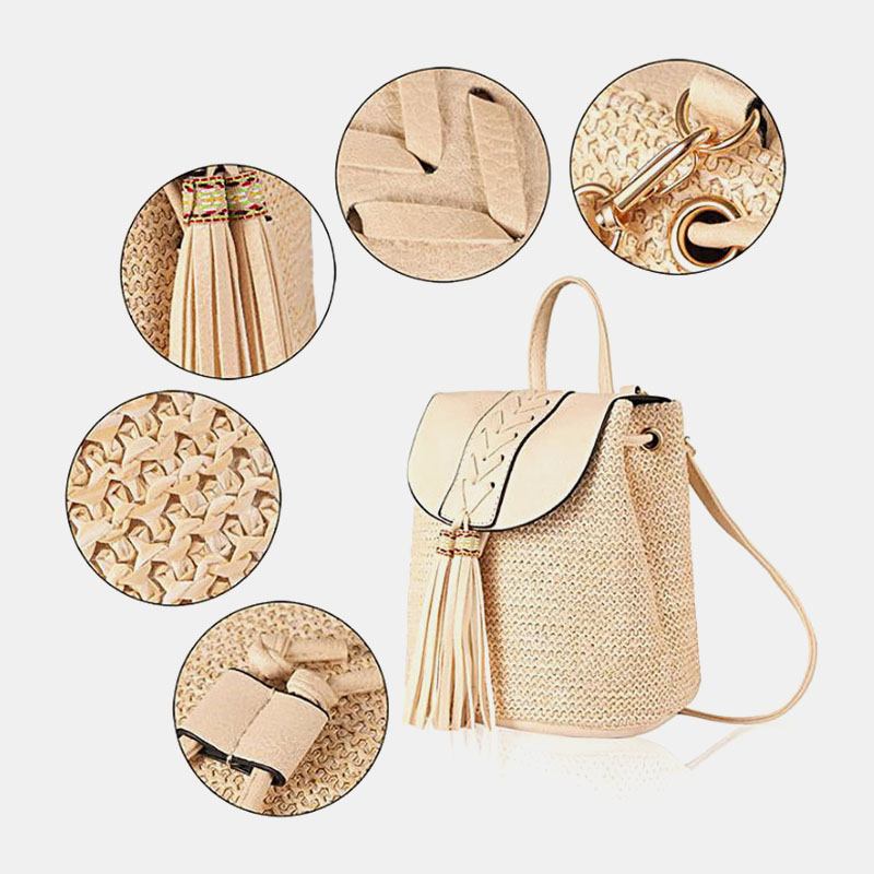 Kvinner Tassel Straw Veske Retro Beach Veske Ryggsekk Bucket Veske