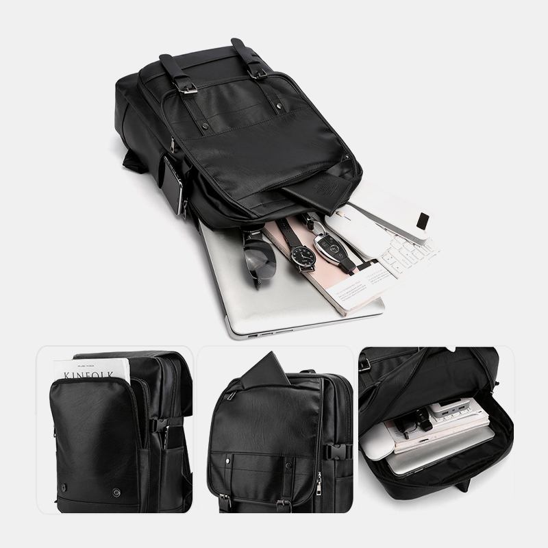 Menn Pu Leather Multi-pocket Ryggsekk Uformell Reise Stor Kapasitet Laptop Veske Skulderveske