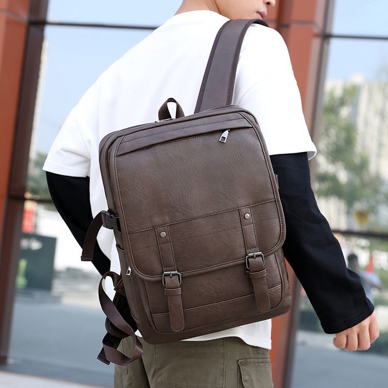 Menn Pu Leather Multi-pocket Ryggsekk Uformell Reise Stor Kapasitet Laptop Veske Skulderveske