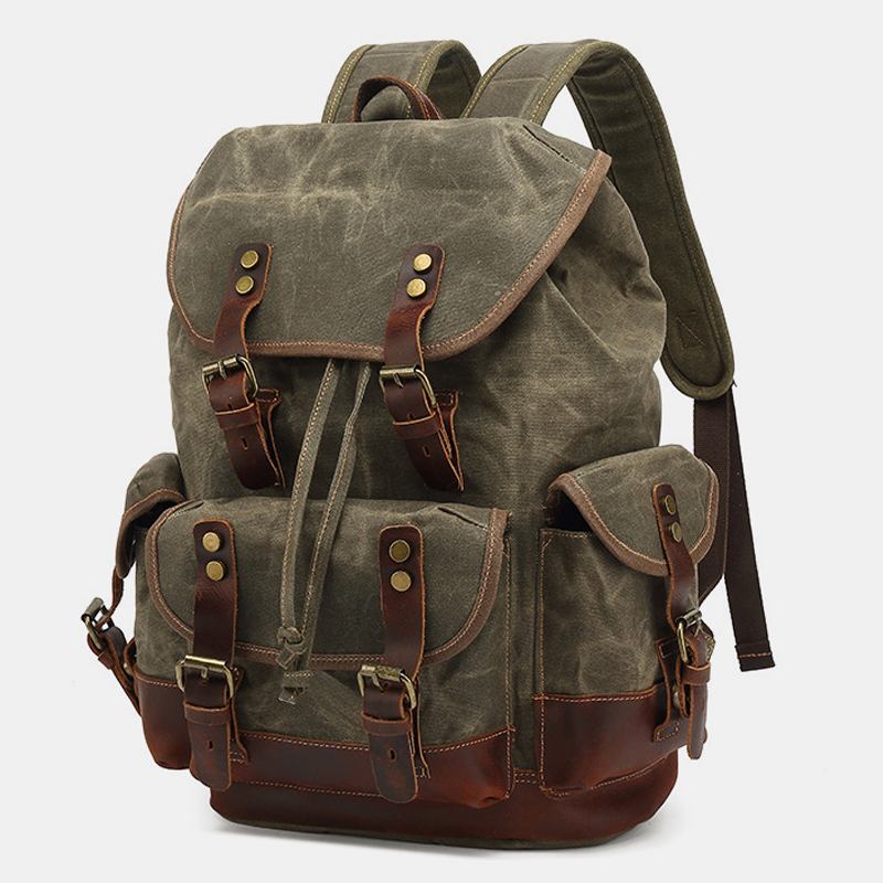 Menn Vintage Canvas Leather Slitasjebestandig Anti-theft Vanntett Ryggsekk Leisure Travel Bag