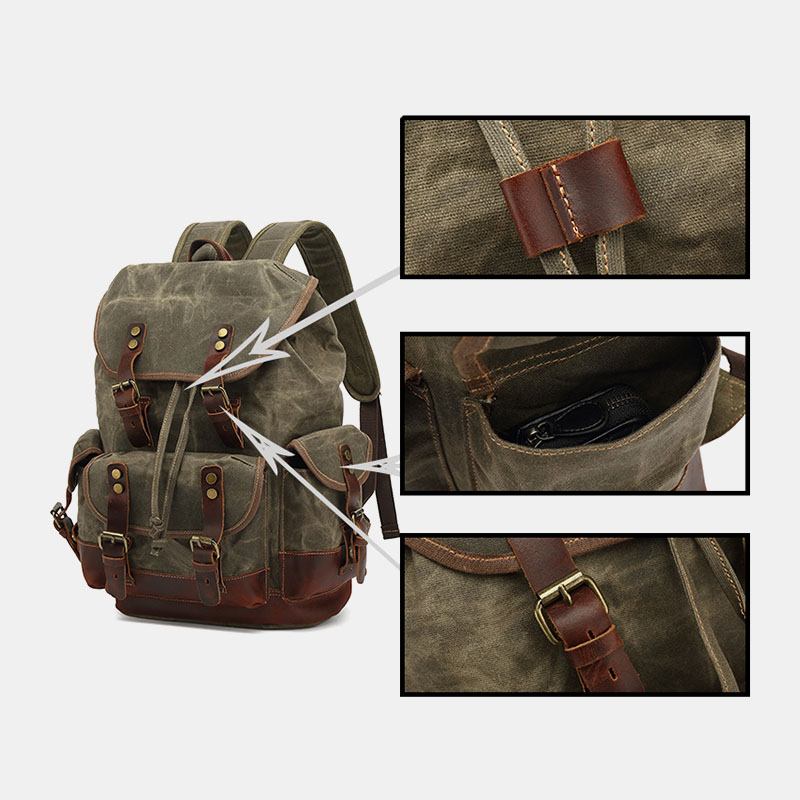 Menn Vintage Canvas Leather Slitasjebestandig Anti-theft Vanntett Ryggsekk Leisure Travel Bag