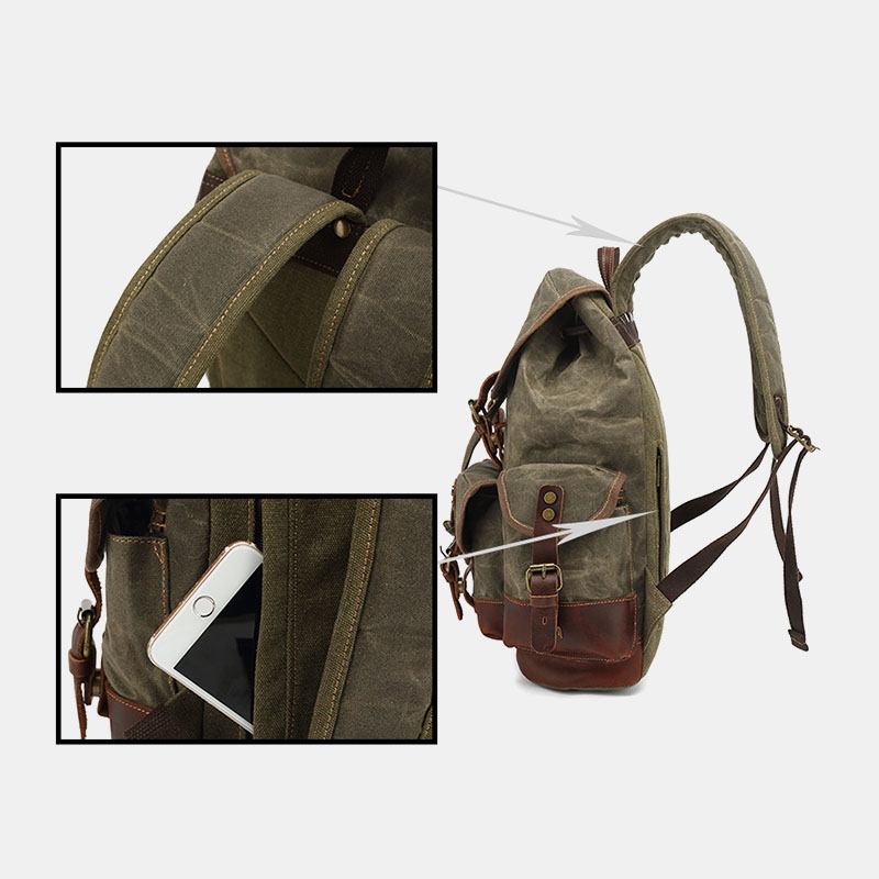 Menn Vintage Canvas Leather Slitasjebestandig Anti-theft Vanntett Ryggsekk Leisure Travel Bag