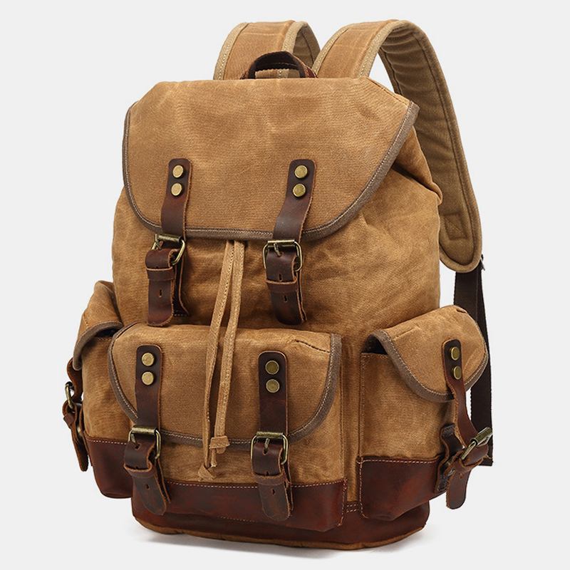 Menn Vintage Canvas Leather Slitasjebestandig Anti-theft Vanntett Ryggsekk Leisure Travel Bag