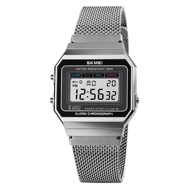 Mote Herre Klokke Dato Uke Vis Stoppeklokke Vanntett Led-lys Business Mesh Belte Digital Watch