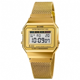 Mote Stoppeklokke Lysende Display Menn Vanntett Watch Mesh Strap Digital Watch