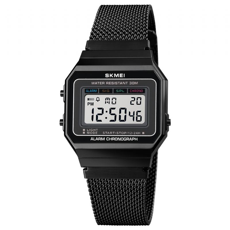 Mote Stoppeklokke Lysende Display Menn Vanntett Watch Mesh Strap Digital Watch