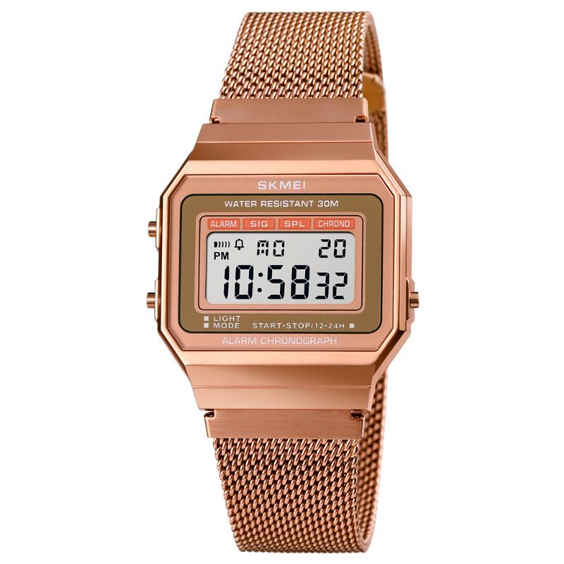 Mote Stoppeklokke Lysende Display Menn Vanntett Watch Mesh Strap Digital Watch