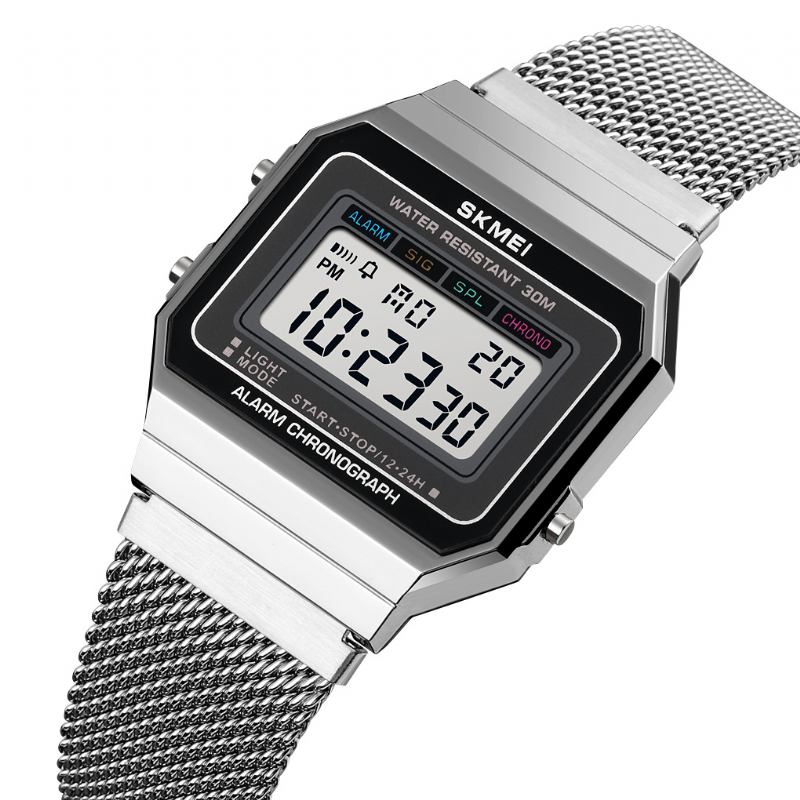 Mote Stoppeklokke Lysende Display Menn Vanntett Watch Mesh Strap Digital Watch