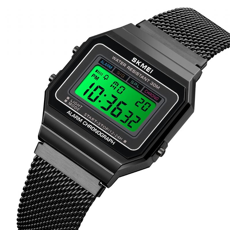 Mote Stoppeklokke Lysende Display Menn Vanntett Watch Mesh Strap Digital Watch