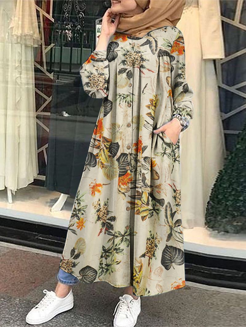 Blomsterbladtrykt Knapp Foran Kaftan Tunika Maxikjole Med Sidelommer