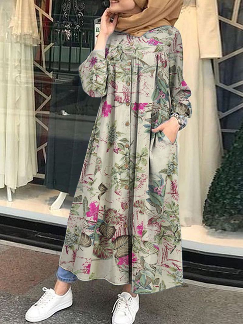 Blomsterbladtrykt Knapp Foran Kaftan Tunika Maxikjole Med Sidelommer