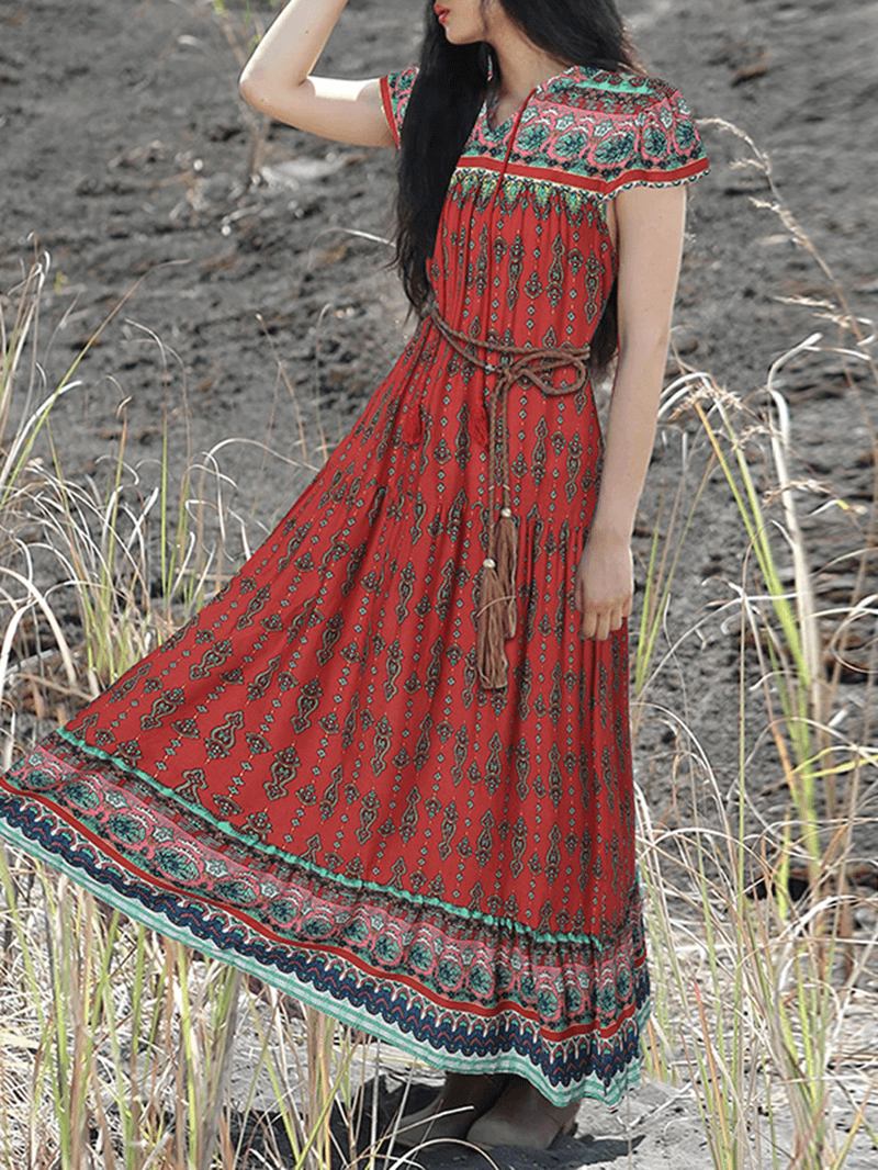 Bohemian Vintage Blomstrete Med Trykk Lace-up V-hals Kortermet Holiday Maxi Dress For Kvinner