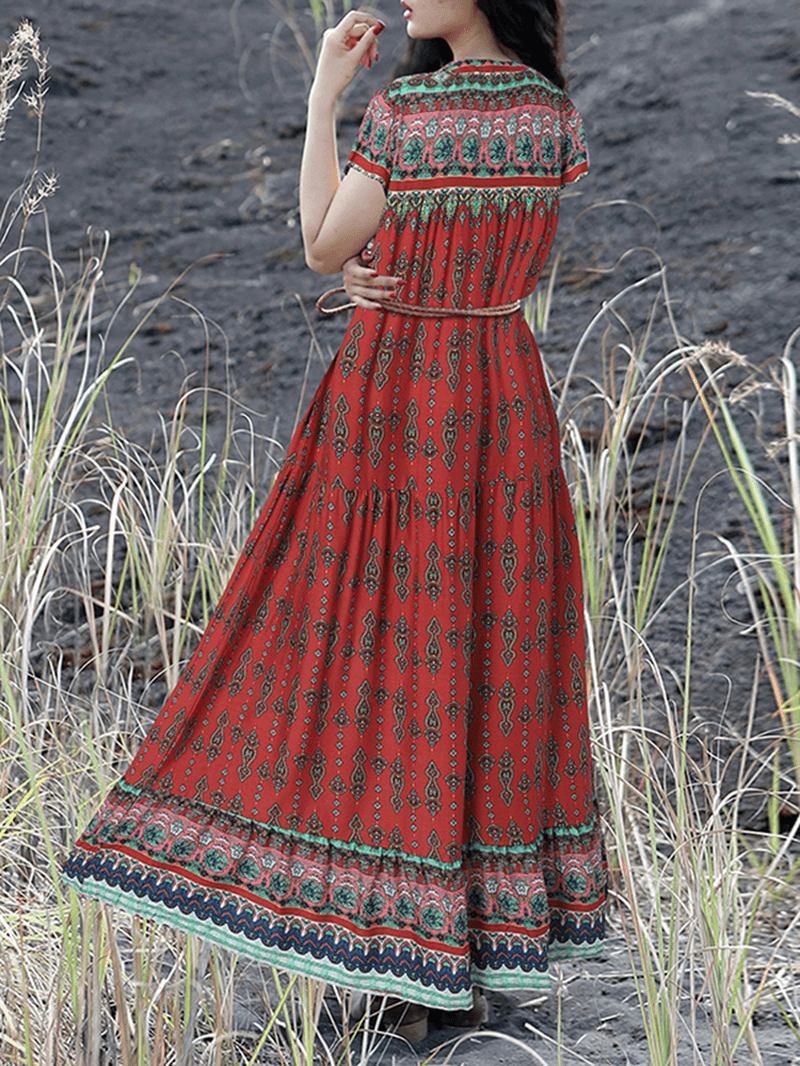 Bohemian Vintage Blomstrete Med Trykk Lace-up V-hals Kortermet Holiday Maxi Dress For Kvinner