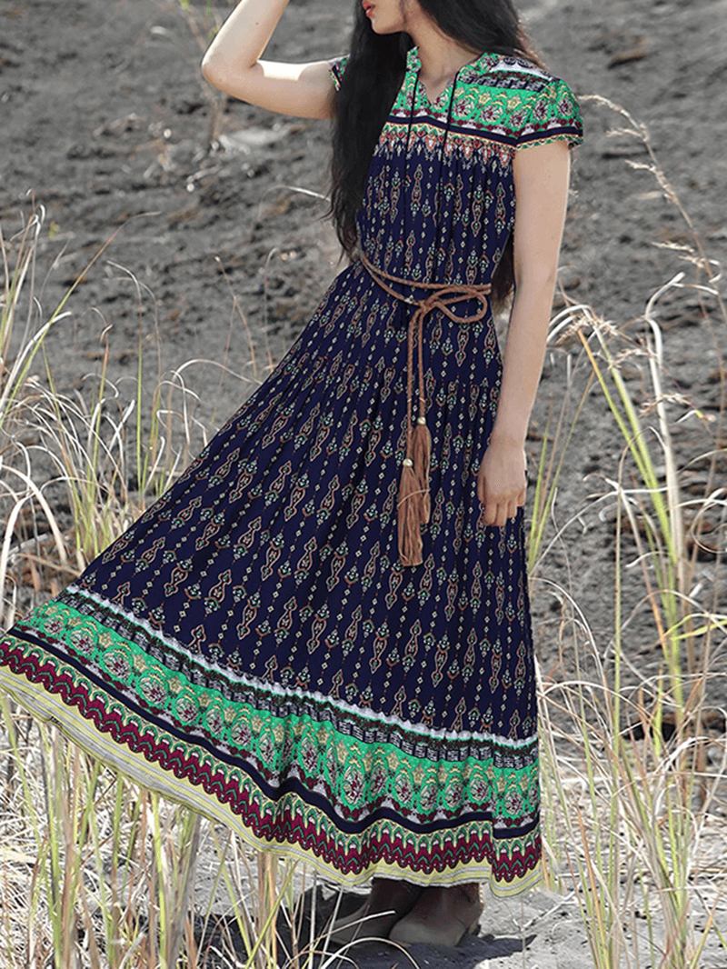 Bohemian Vintage Blomstrete Med Trykk Lace-up V-hals Kortermet Holiday Maxi Dress For Kvinner