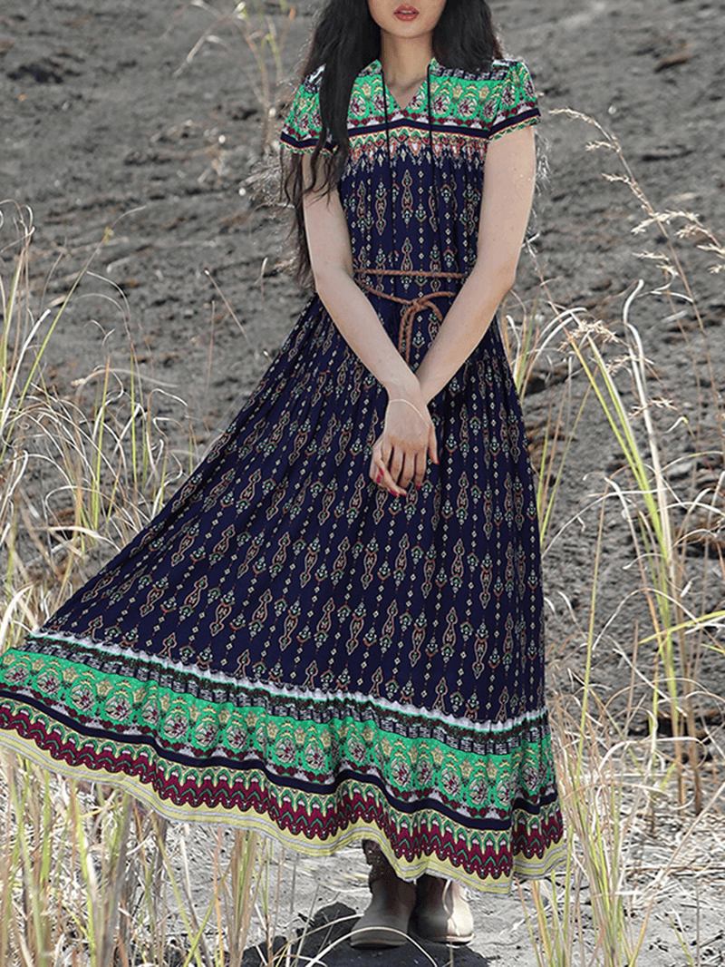 Bohemian Vintage Blomstrete Med Trykk Lace-up V-hals Kortermet Holiday Maxi Dress For Kvinner