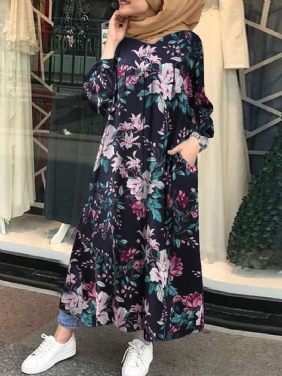 Kvinner 100% Bomull Blomstertrykk Kaftan Maxi-kjoler På Midten Av Legglengden Med Sidelomme