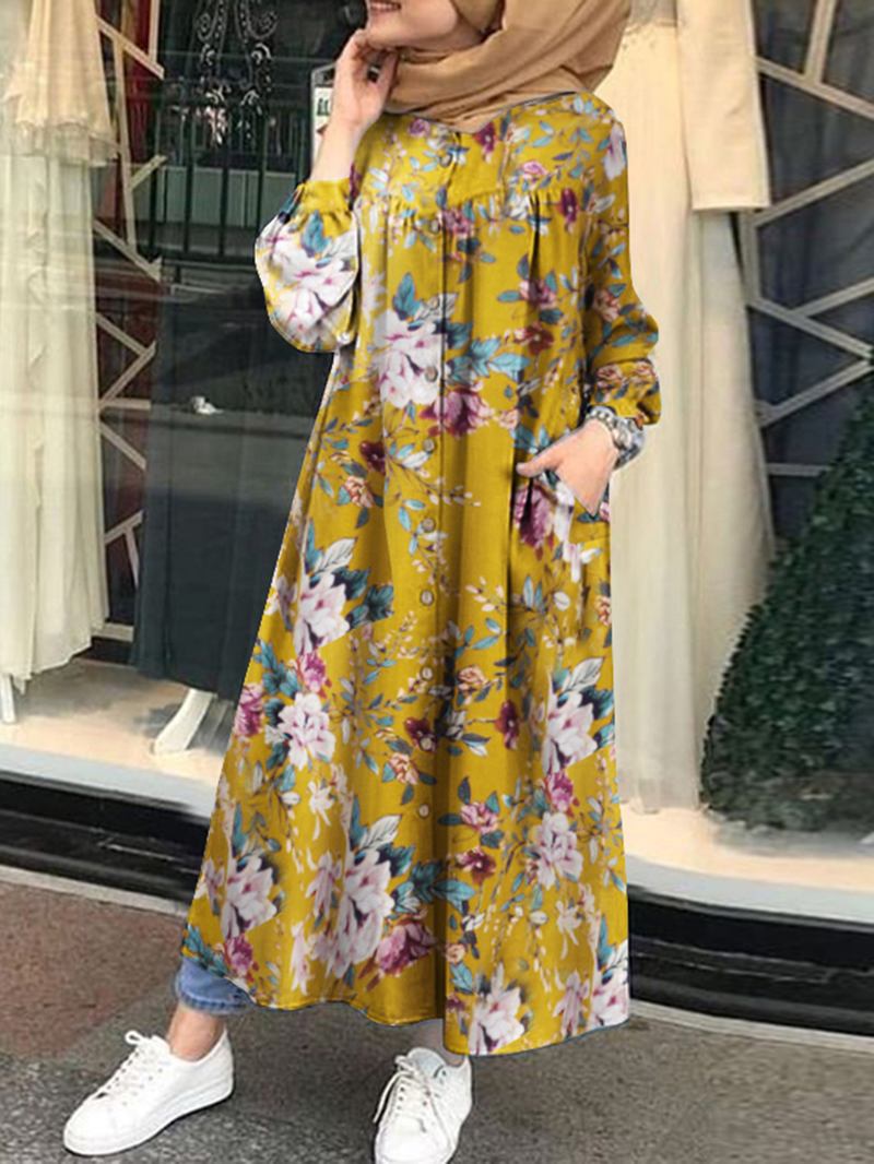 Kvinner 100% Bomull Blomstertrykk Kaftan Maxi-kjoler På Midten Av Legglengden Med Sidelomme