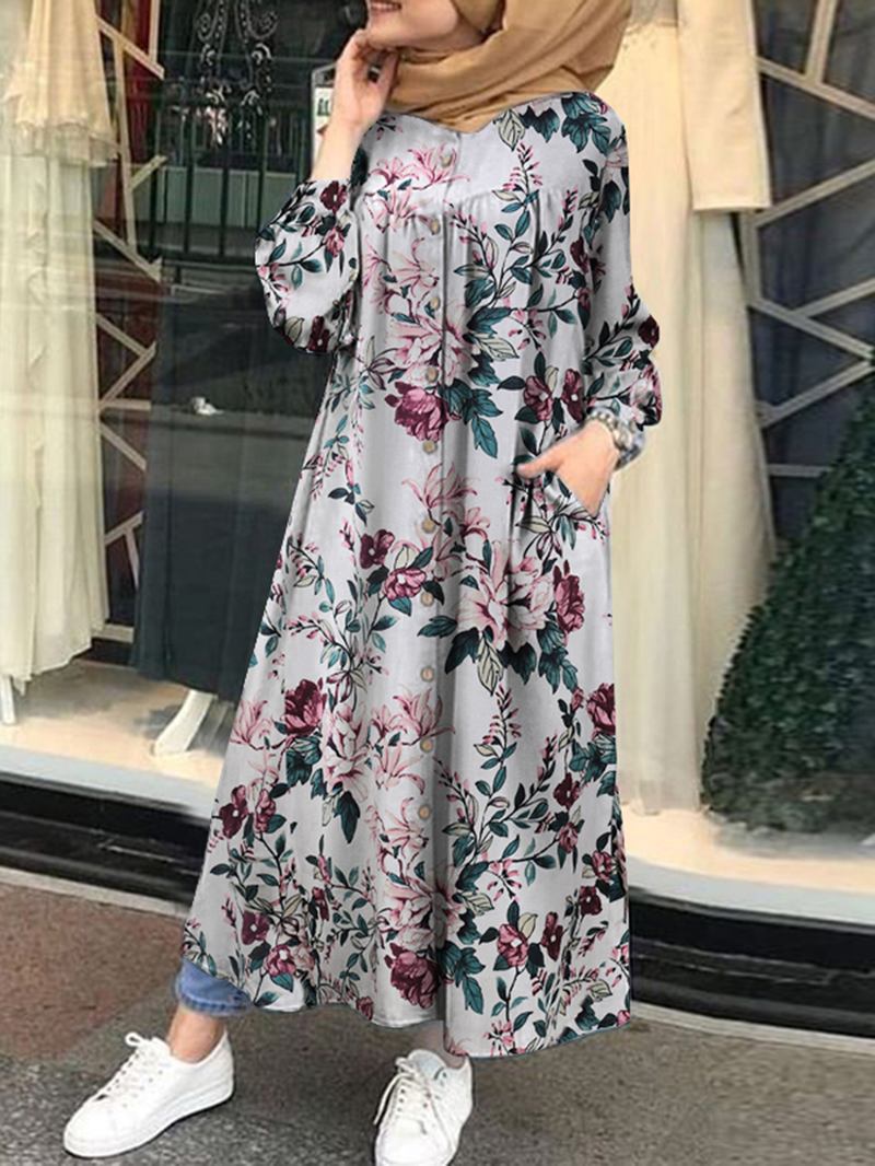 Kvinner 100% Bomull Blomstertrykk Kaftan Maxi-kjoler På Midten Av Legglengden Med Sidelomme