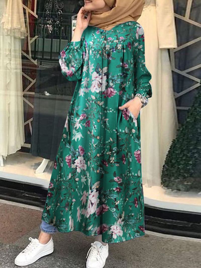 Kvinner 100% Bomull Blomstertrykk Kaftan Maxi-kjoler På Midten Av Legglengden Med Sidelomme