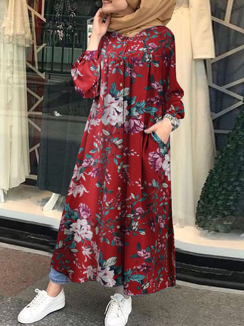 Kvinner 100% Bomull Blomstertrykk Kaftan Maxi-kjoler På Midten Av Legglengden Med Sidelomme