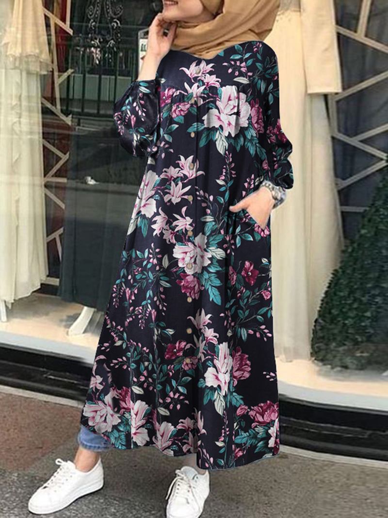 Kvinner 100% Bomull Blomstertrykk Kaftan Maxi-kjoler På Midten Av Legglengden Med Sidelomme