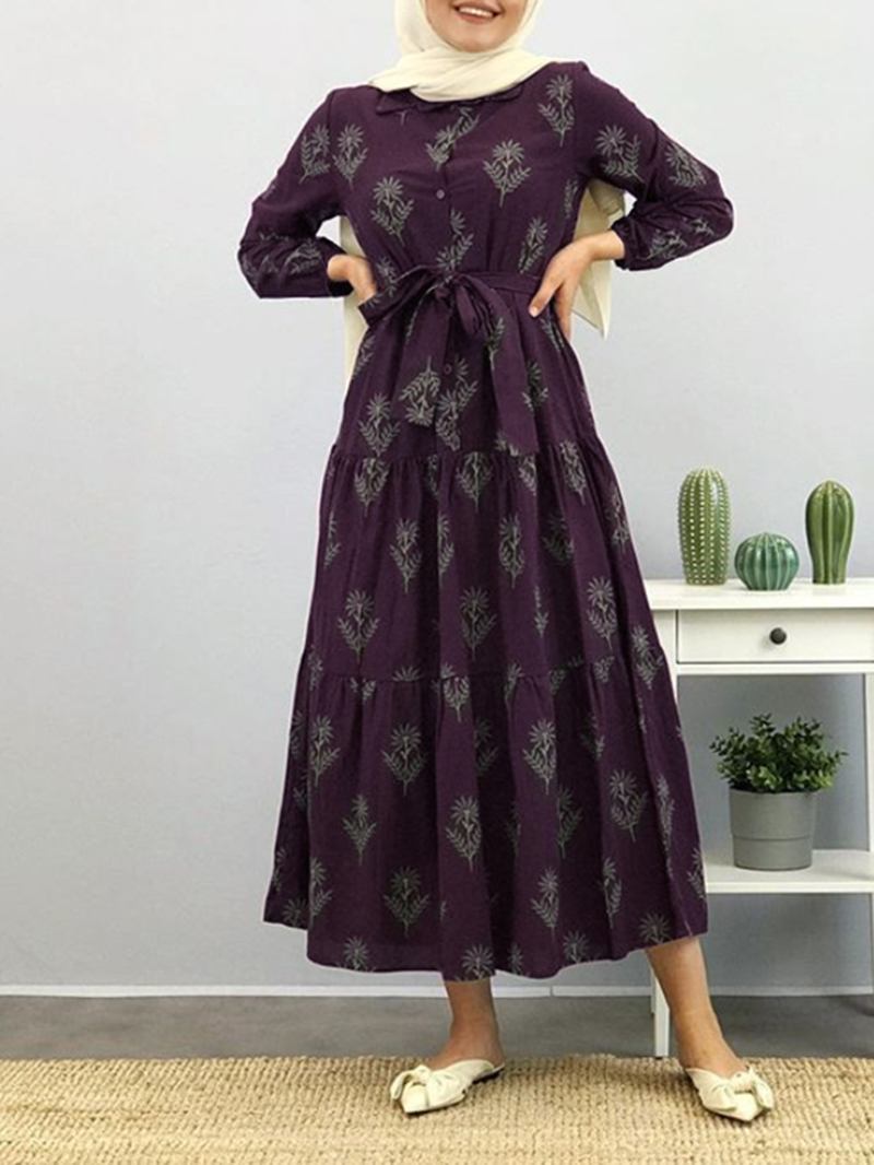 Kvinner Blomstertrykk Lapel Puff Sleeve Kaftan Maxi-kjole Med Belte