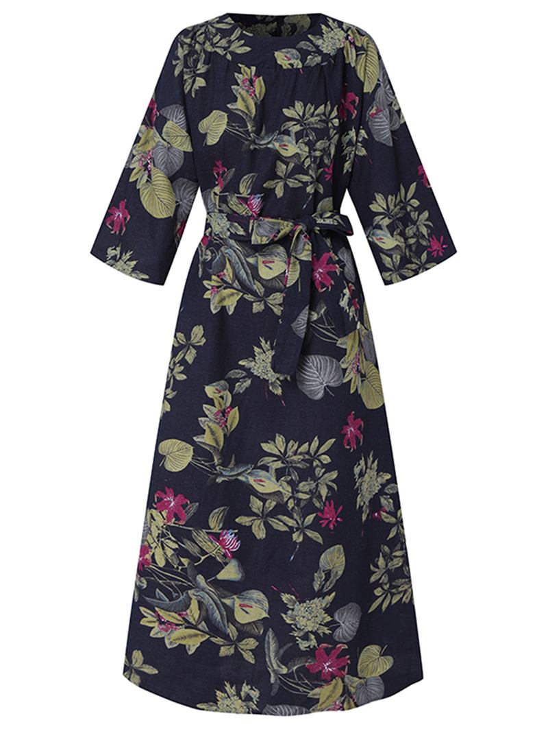 Kvinner Blomstrete Med Trykk O-hals 3/4 Sleeve Fritids Belted Maxi Kjoler