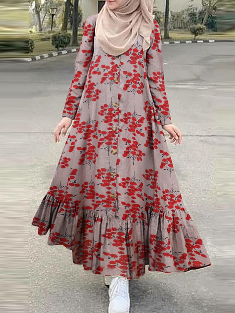 Kvinner Bomull Blomstertrykk Holiday Volanger Hem Button Down Robe Kontrastfarge Maxi Dress