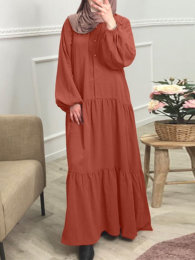 Kvinner Ensfarge Button Down Front Puff Sleeve Kaftan Robe Maxi Dress