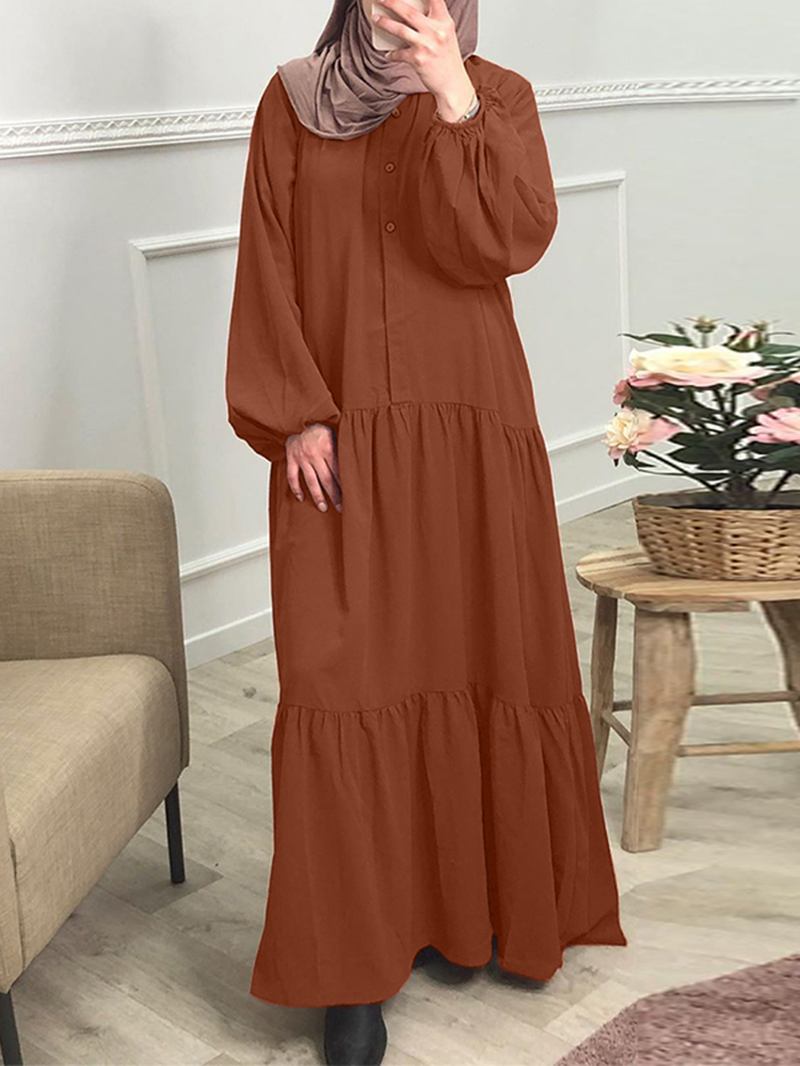 Kvinner Ensfarge Button Down Front Puff Sleeve Kaftan Robe Maxi Dress