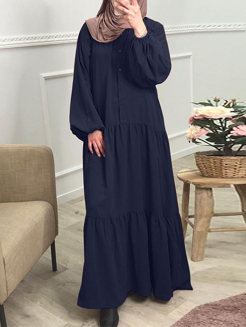 Kvinner Ensfarge Button Down Front Puff Sleeve Kaftan Robe Maxi Dress