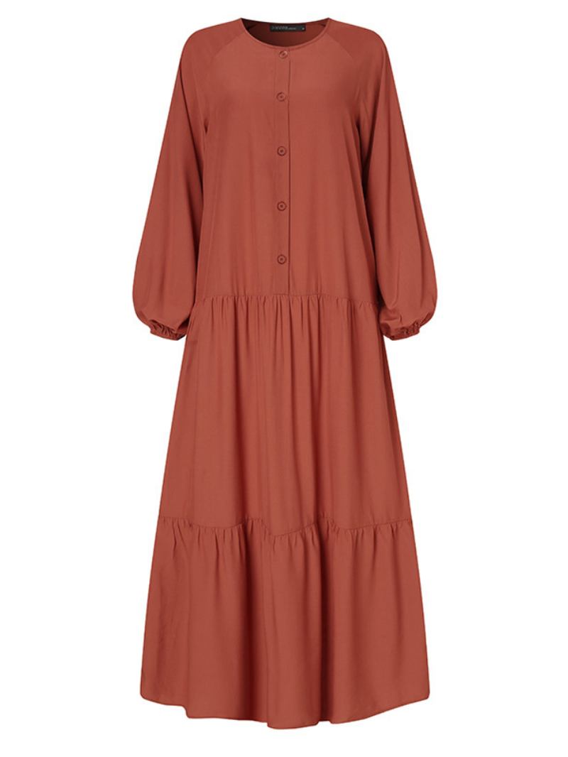 Kvinner Ensfarge Button Down Front Puff Sleeve Kaftan Robe Maxi Dress