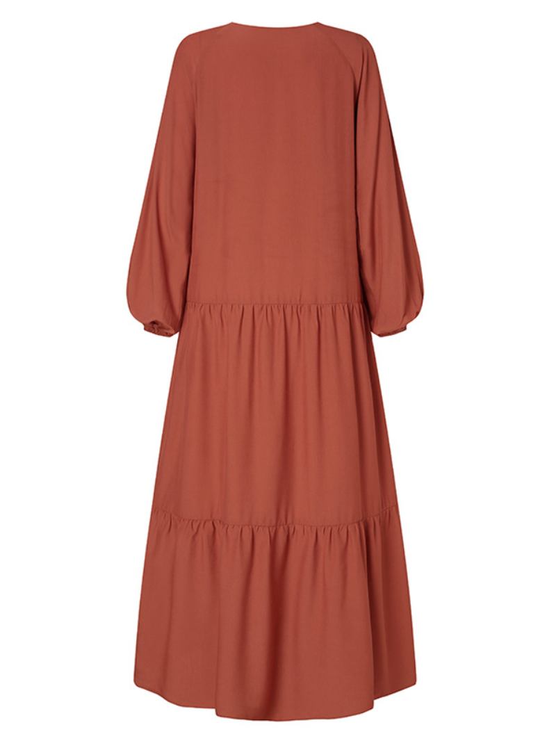 Kvinner Ensfarge Button Down Front Puff Sleeve Kaftan Robe Maxi Dress