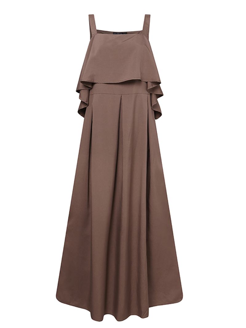 Kvinner Ensfarget Ermeløse Ruffles Hem Løs Baggy Causal Maxi Dress