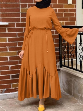 Kvinner Ensfarget Ruffle Langermet Enkle Kaftan Maxi Kjoler