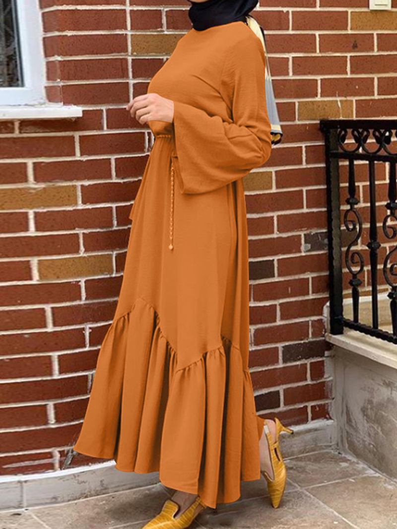 Kvinner Ensfarget Ruffle Langermet Enkle Kaftan Maxi Kjoler