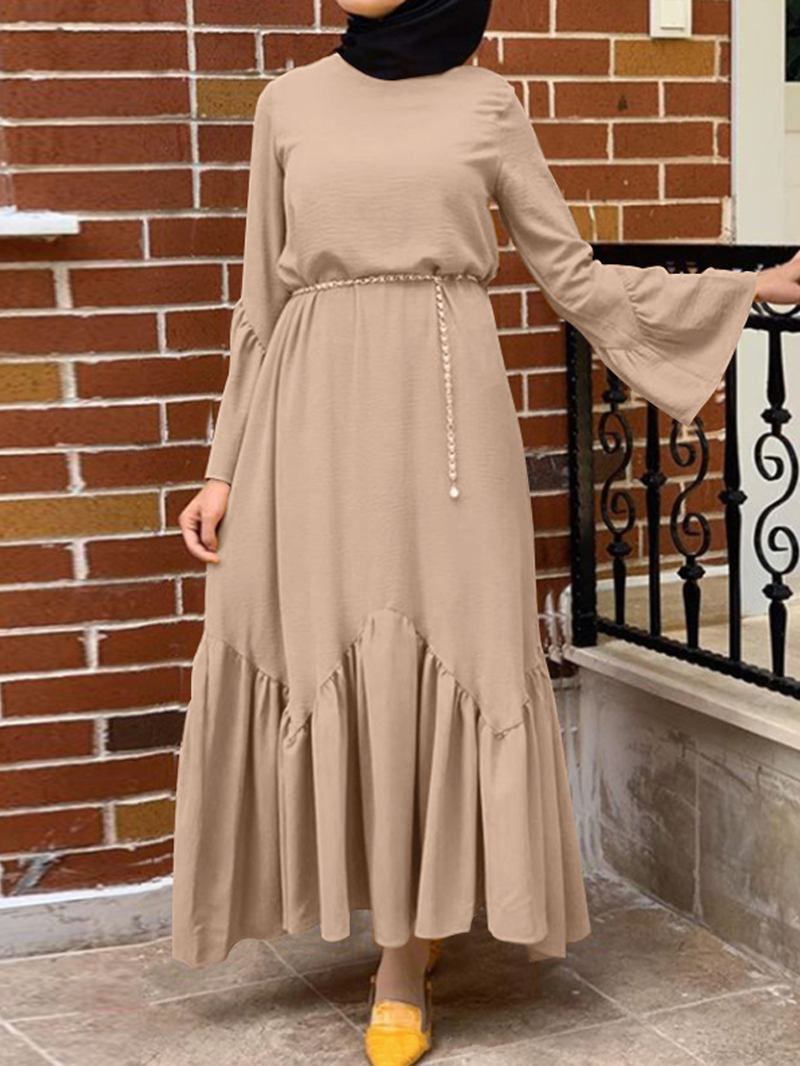 Kvinner Ensfarget Ruffle Langermet Enkle Kaftan Maxi Kjoler