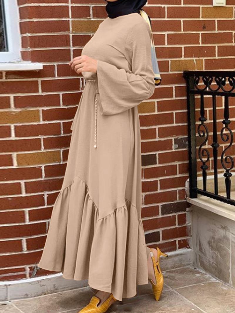 Kvinner Ensfarget Ruffle Langermet Enkle Kaftan Maxi Kjoler