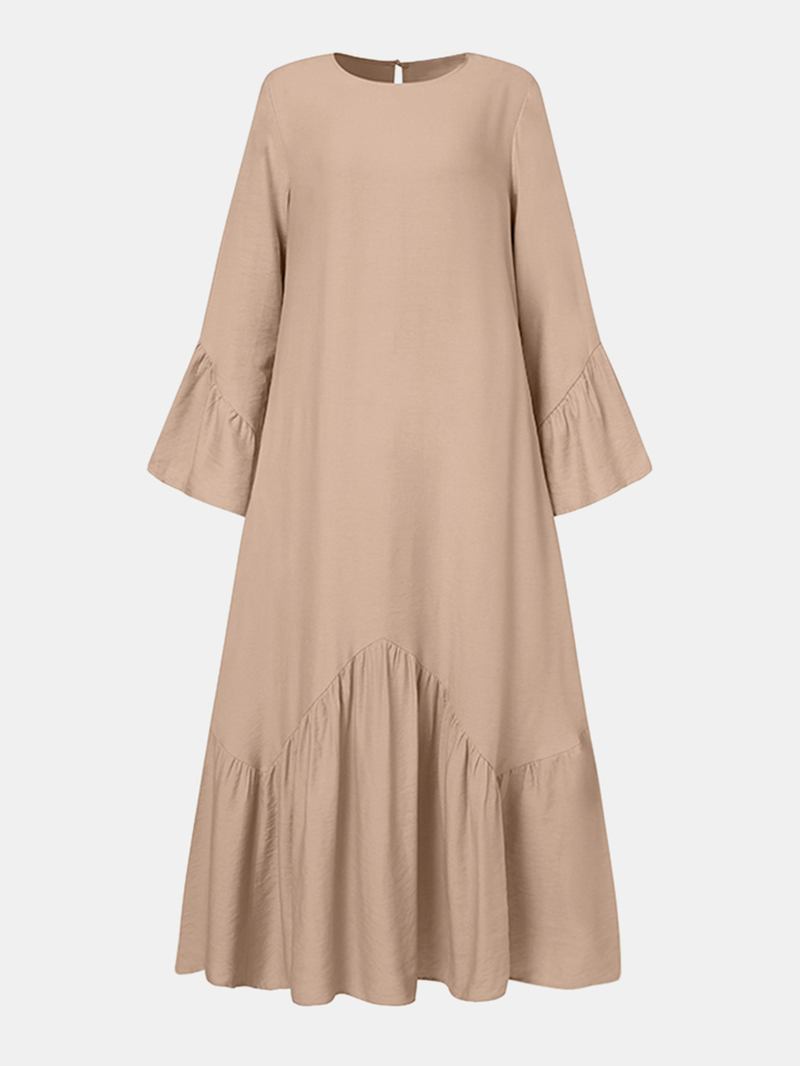 Kvinner Ensfarget Ruffle Langermet Enkle Kaftan Maxi Kjoler