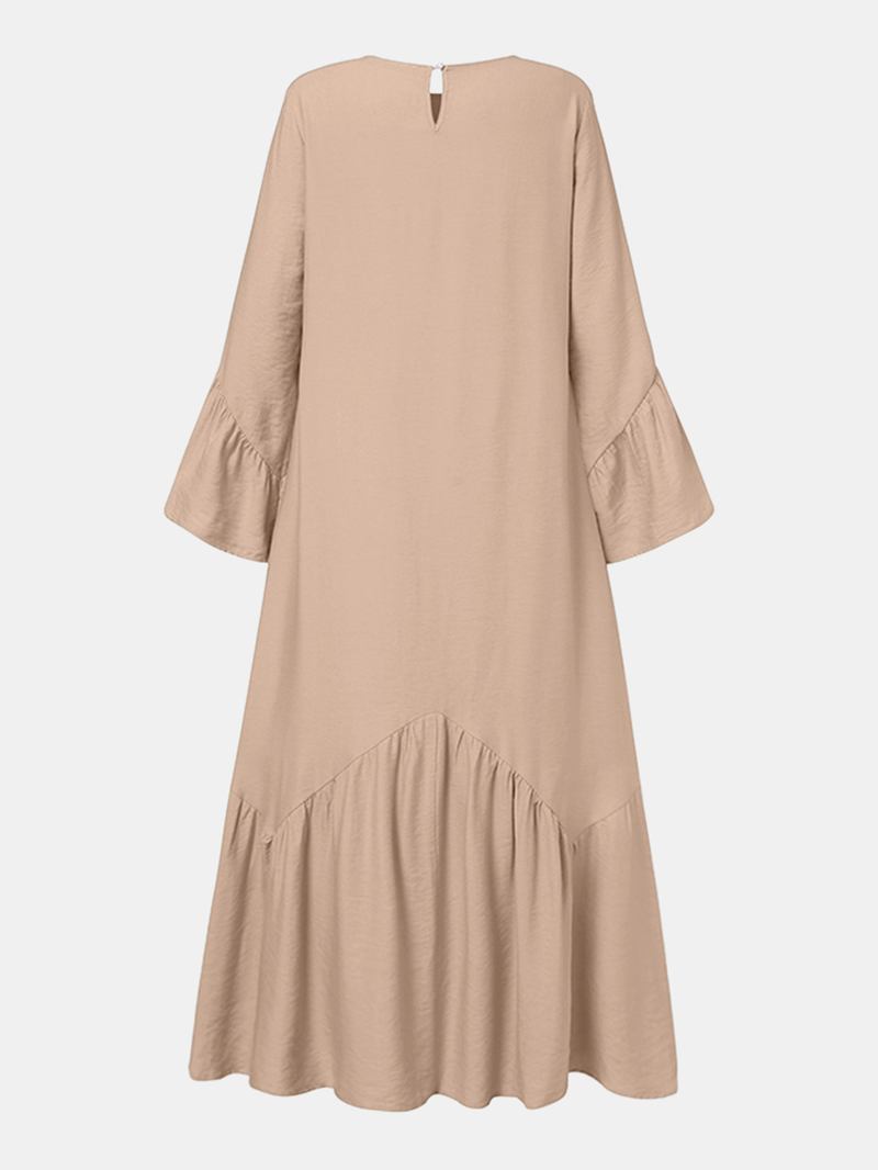 Kvinner Ensfarget Ruffle Langermet Enkle Kaftan Maxi Kjoler