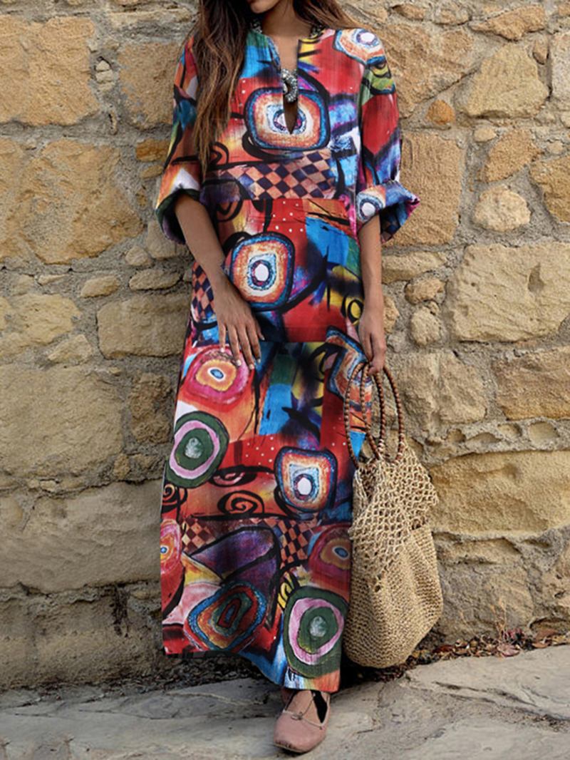 Kvinner Etnisk Abstrakt Med Trykk Langermet Bohemian Maxi Dress