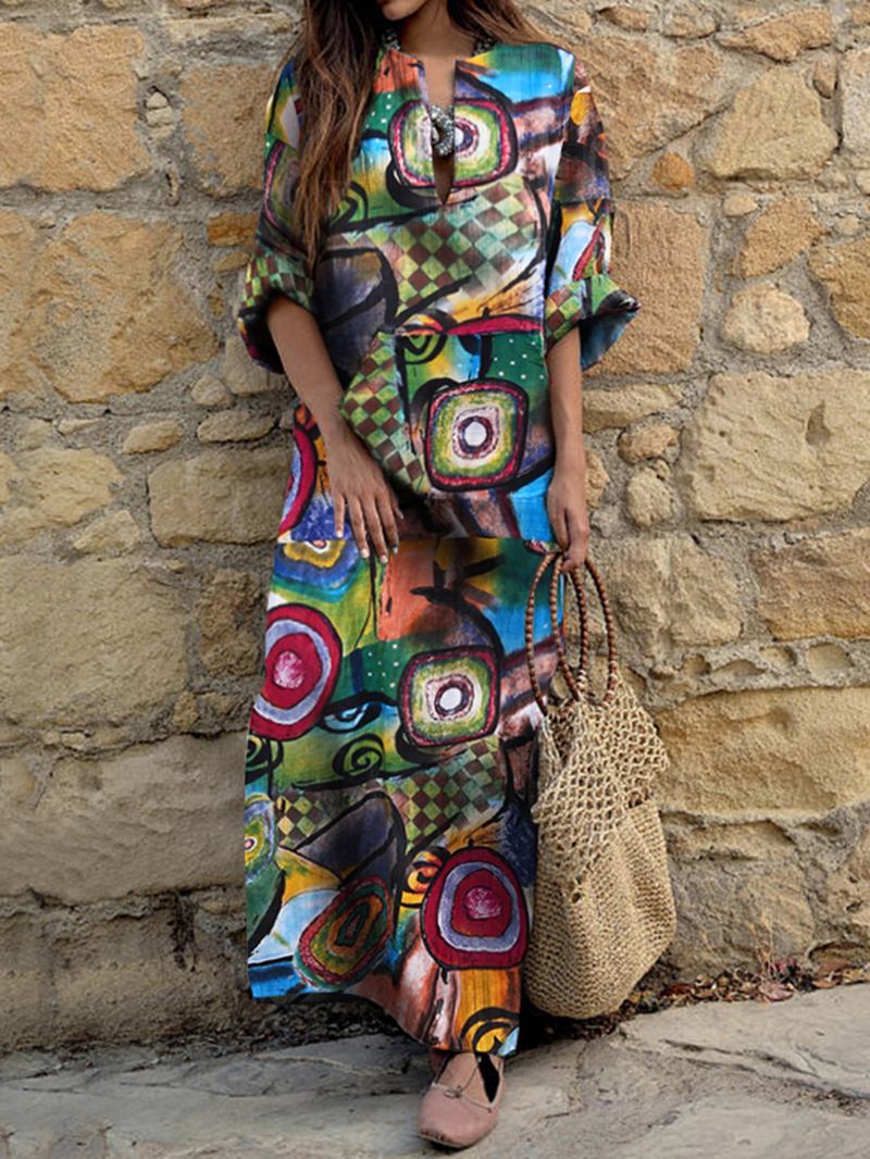 Kvinner Etnisk Abstrakt Med Trykk Langermet Bohemian Maxi Dress