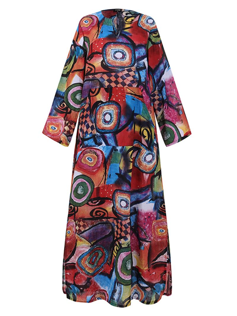 Kvinner Etnisk Abstrakt Med Trykk Langermet Bohemian Maxi Dress