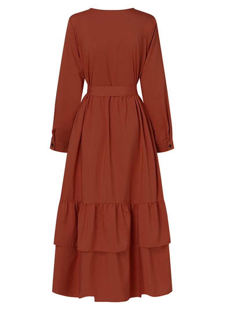 Kvinner Knapp Foran O-hals Lagdelt Ruffle Hem Belted Kaftan Maxi Kjoler